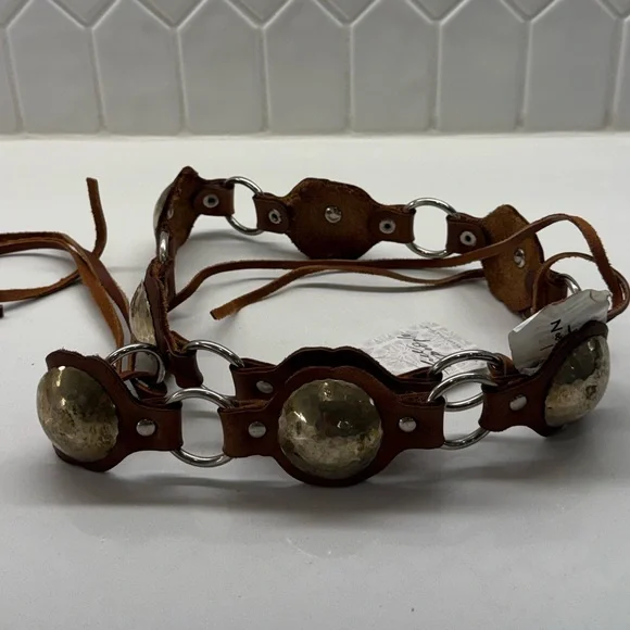 NWT Free People Oasis Wrap Belt Brown Leather Concho Tie Belt Boho Hippie Festiv - Picture 2 of 4